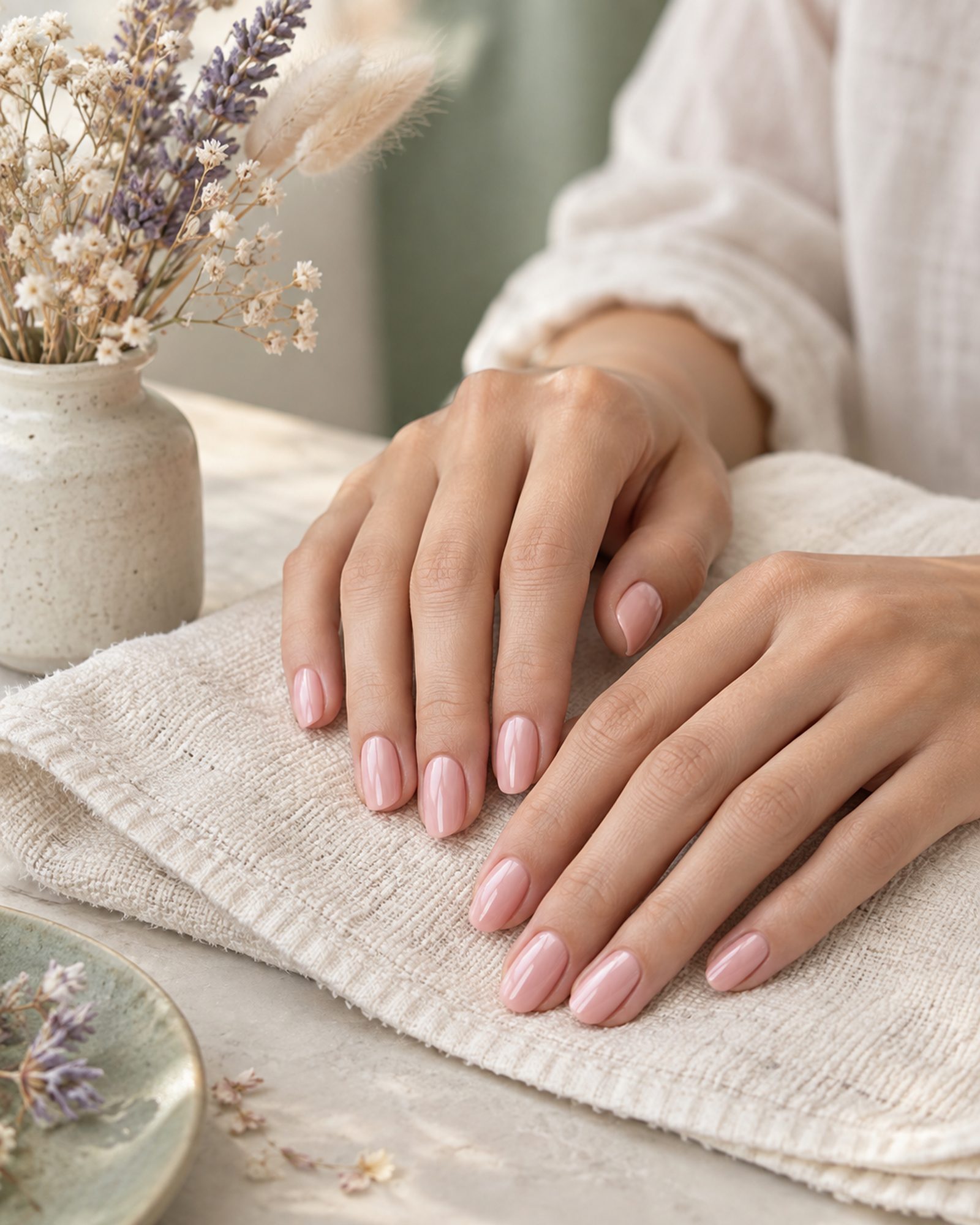 Close-up of a fresh pastel gel manicure