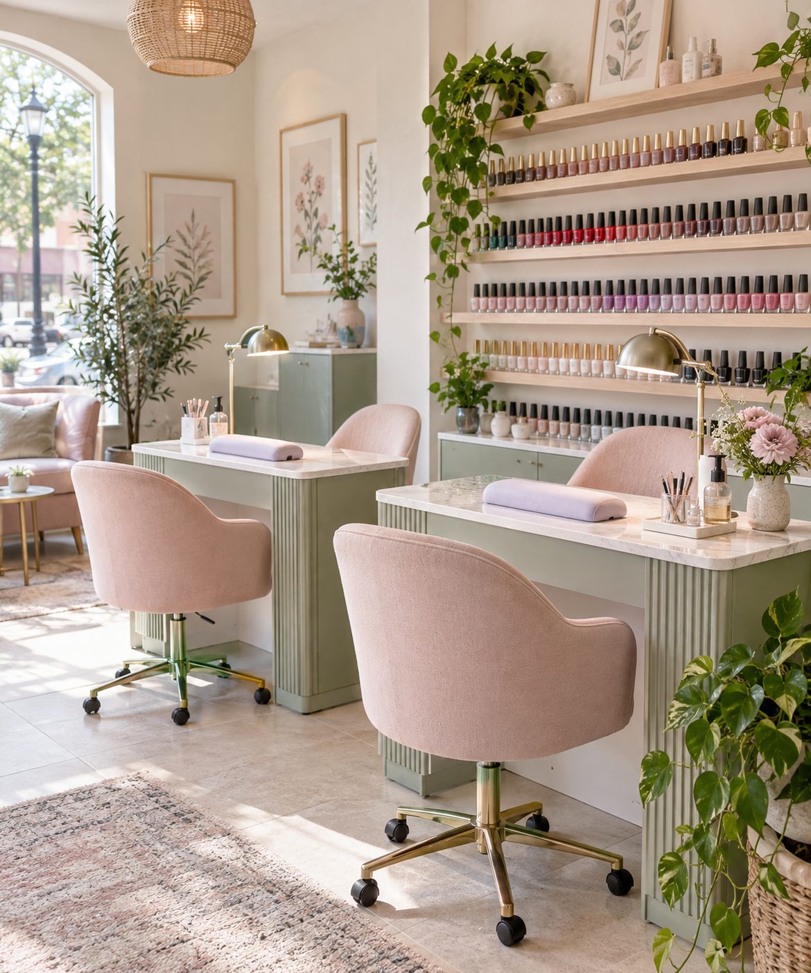 Bright nail salon with manicure stations and a wall of pastel polishes